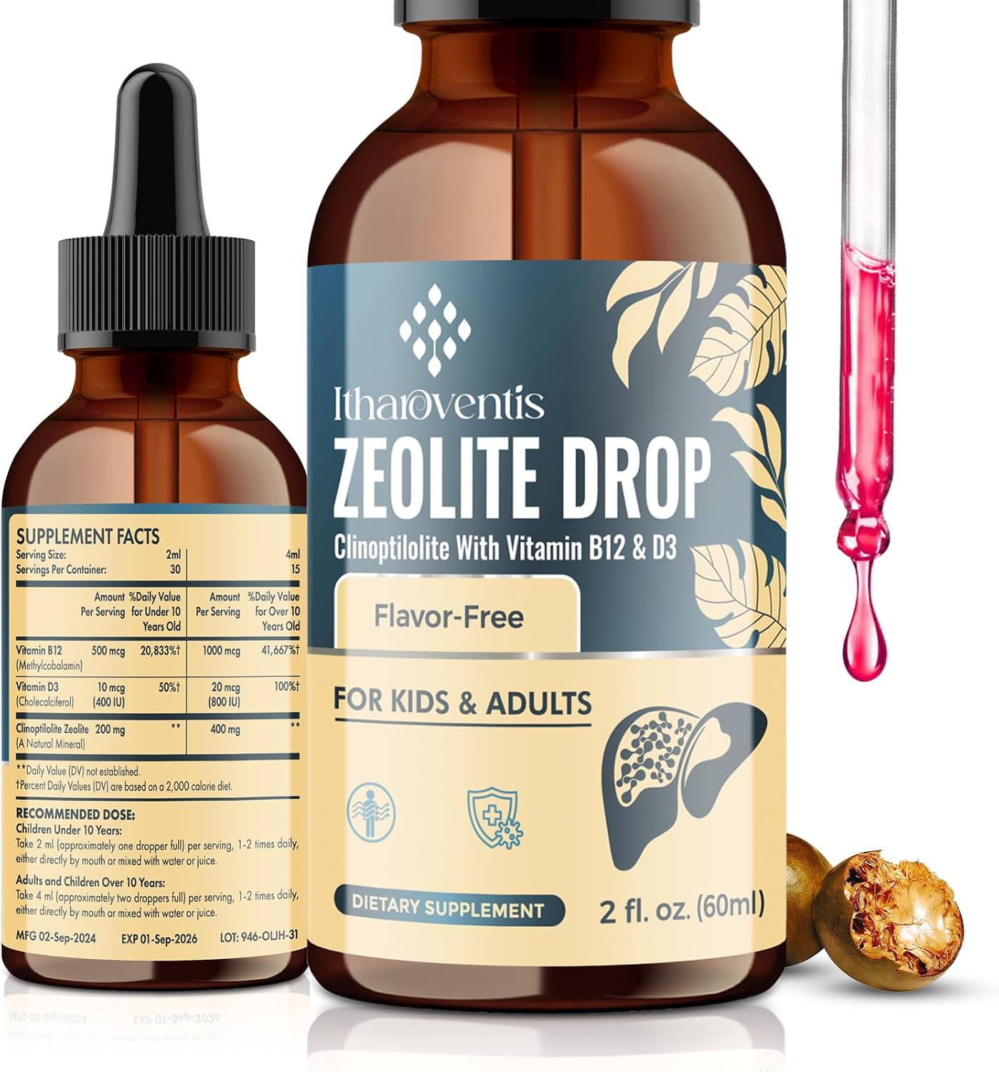 Itharoventis Zeolite Drops with Methyl Vitamin B12 & D3 - Liquid Supplement for Kids and Adults, Monk Fruit Flavour, 60 ml - görsel 1