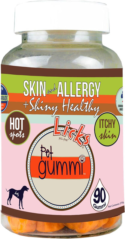 Licks Skin & Allergy - Skin, Coat & Seasonal Allergy Support for Dogs - Omega-3, Turmeric, Inositol & Vitamin C - Pill-Free Pet Gummies - Chicken Flavour - 90 Count