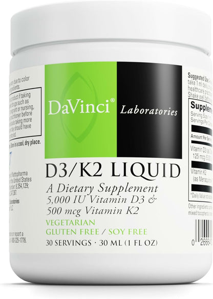 DAVINCI Labs D3/K2 Liquid - Liquid Vitamin D and Vitamin K Food Supplement for Bone Health, Heart Support and Calcium Absorption - 30ml (30 Servings)