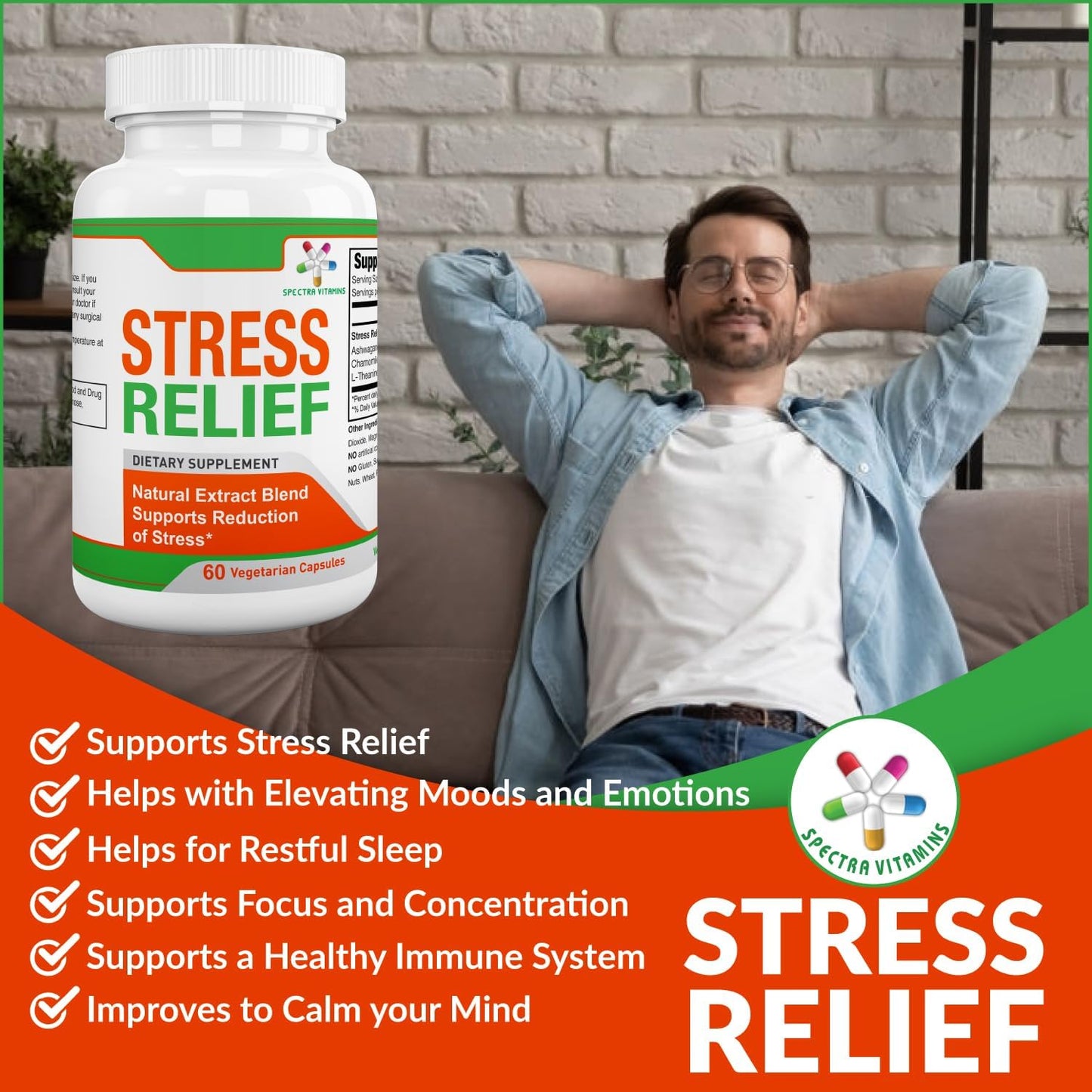 Spectra Vitamins Stress Relief for Adults - Natural Supplement with Ashwagandha, Chamomile & L-Theanine, Focus and Calm Support, 60 Capsules - görsel 4