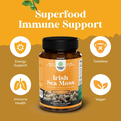 Natures Craft Irish Sea Moss Capsules – Superfood Complex with Bladderwrack, Burdock Root and BioPerine for Immune Support, Skin Health and Thyroid Support (Vegan, Non-GM, 90 Count)