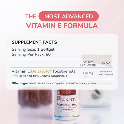WELLNESS EXTRACT Eannatto Tocotrienols Vitamin E Supplements Tocopherol Free, Non-GM, Gluten-free & Antioxidant (125mg 60 Softgels)