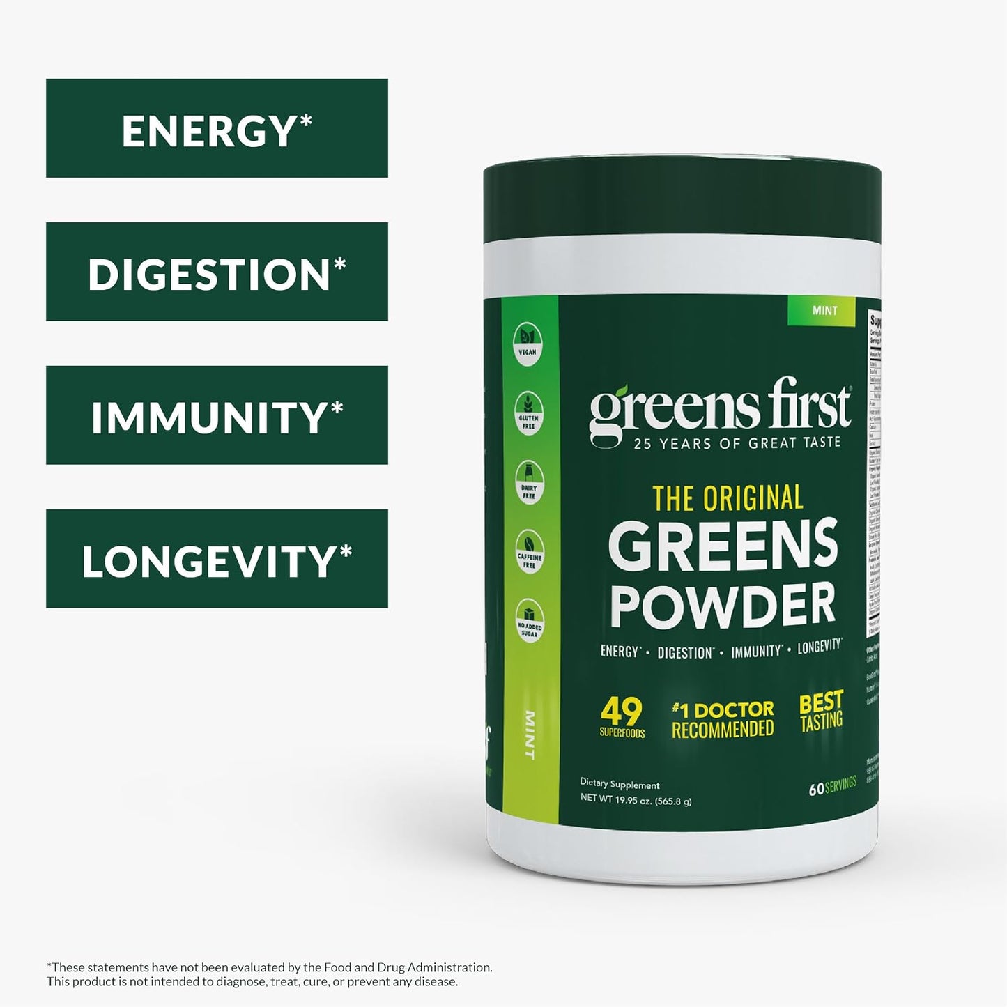 Greens First Original Greens Powder - 49 Superfoods - Organic Fruits & Veggies - Prebiotics, Probiotics & Digestive Enzymes - Antioxidant Smoothie - Dairy-Free, Vegan & Non-GM (Mint, 60 Servings) - görsel 2