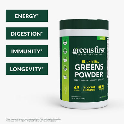 Greens First Original Greens Powder - 49 Superfoods - Organic Fruits & Veggies - Prebiotics, Probiotics & Digestive Enzymes - Antioxidant Smoothie - Dairy-Free, Vegan & Non-GM (Mint, 60 Servings)