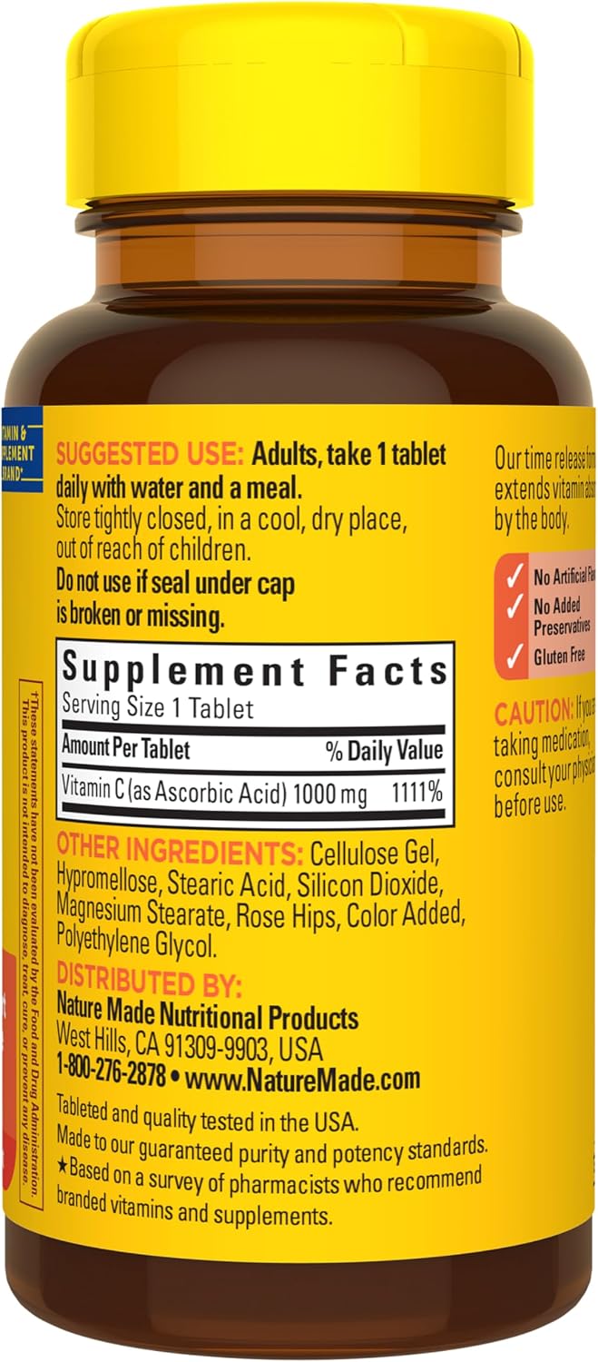 Nature Made Vitamin C 1000mg with Rose Hips - Time Release Tablets, 60 Tablets - görsel 8