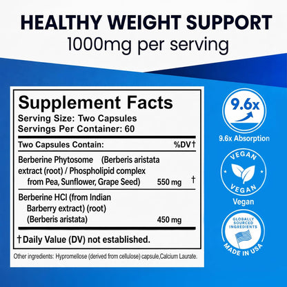 Ultimate Berberine Phytosome - Dual Action for Metabolic Health, Appetite, Gut & Cholesterol Support (Clinical Dose)