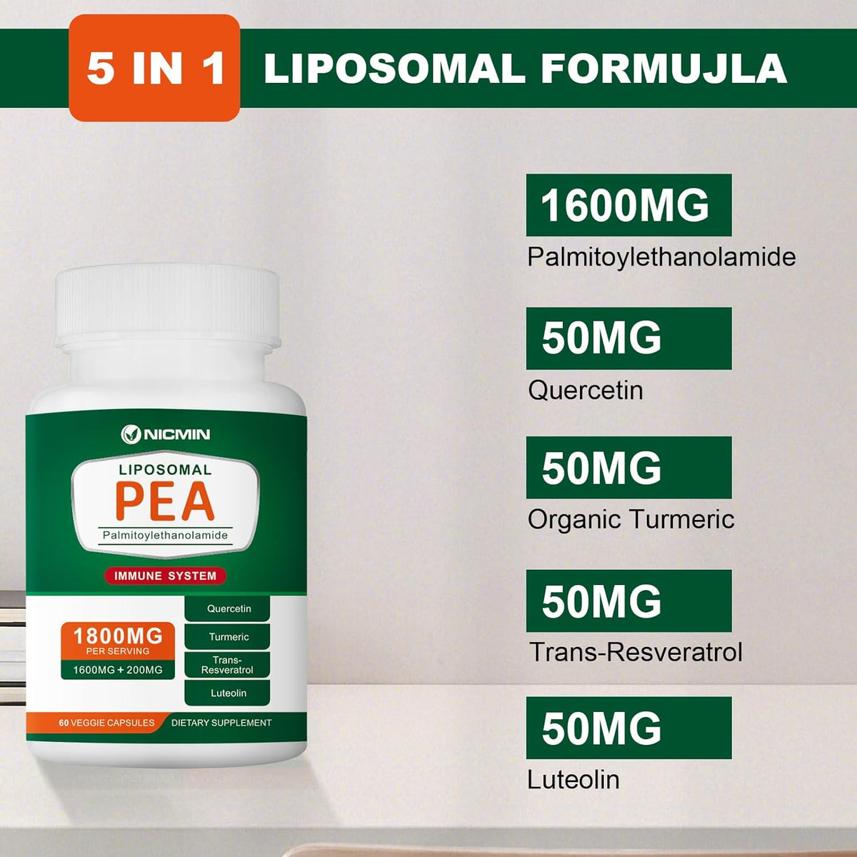 NICMIN 1600mg Palmitoylethanolamide 99% with Luteolin & Quercetin - Micronised for High Absorption, 60 Capsules - görsel 3