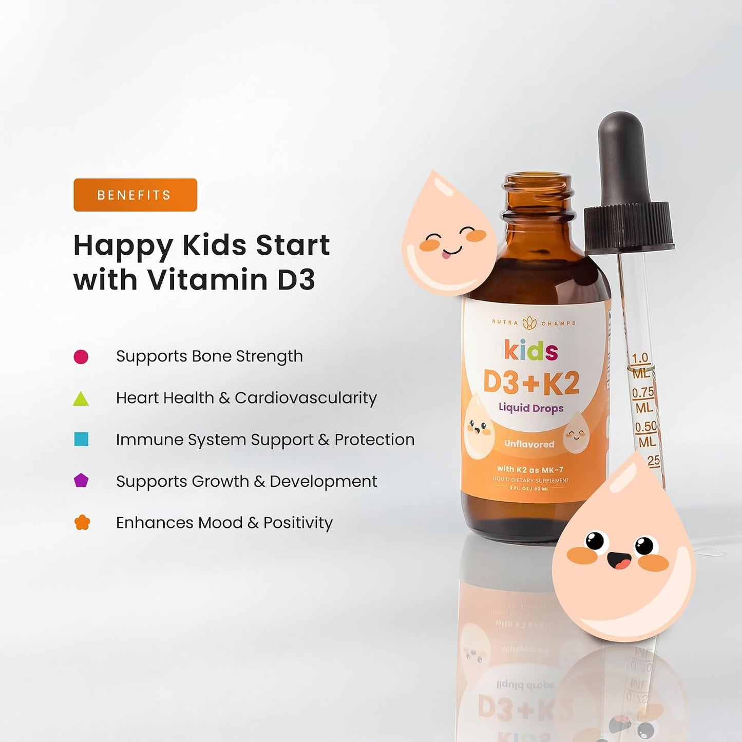 NutraChamps Children's Vitamin D3 & K2 Drops - 1000 IU D3 with K2 MK-7, Sugar-Free, 300 Servings - görsel 2