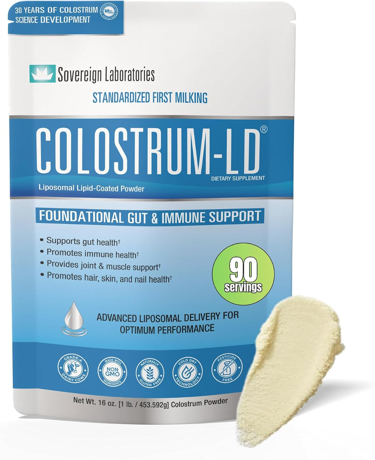 Sovereign Laboratories Colostrum-LD Liposomal Delivery Colostrum Powder, Gluten-Free, Lactose-Reduced, 454g (16 oz, 90 Servings) - görsel 1
