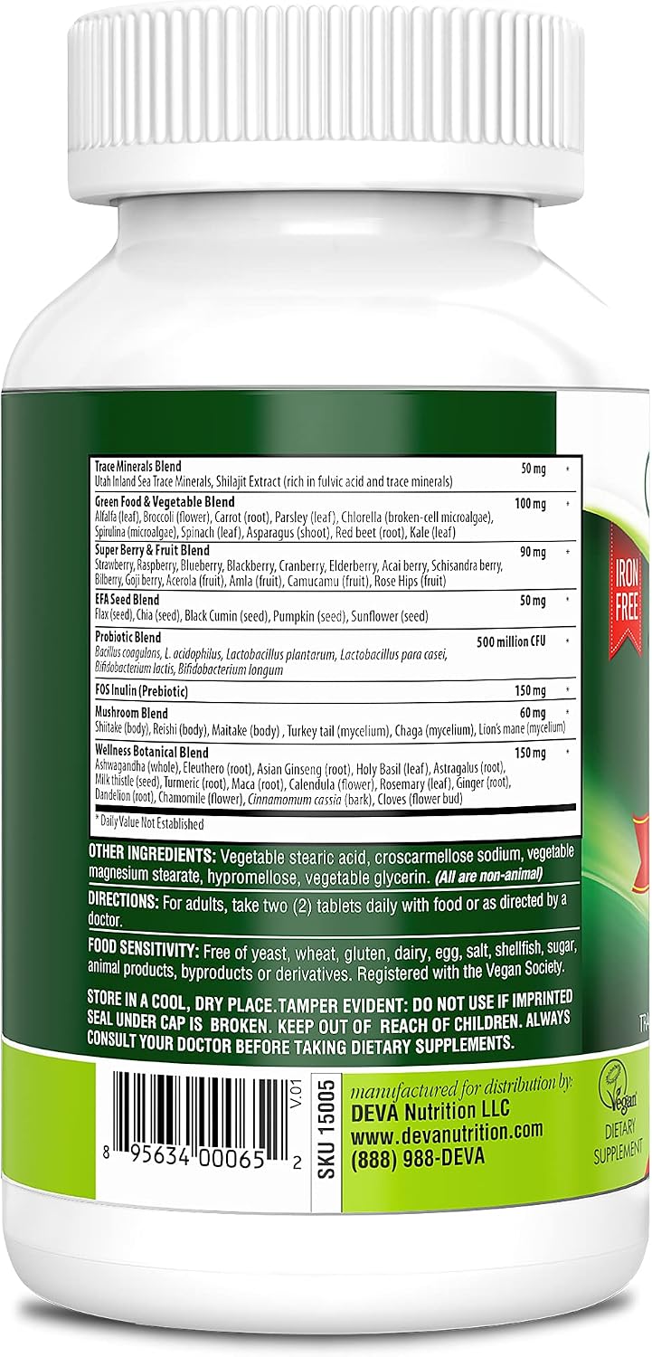 DEVA Tuba Prime Vegan Multivitamin – High-Potency Vitamin and Mineral Food Supplement with Antioxidants, Fruits, Vegetables, Super Mushrooms, Probiotics, Prebiotics, Seeds, Herbs – 90 Tablets - görsel 3