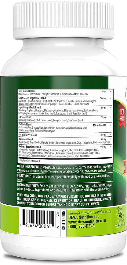 DEVA Tuba Prime Vegan Multivitamin – High-Potency Vitamin and Mineral Food Supplement with Antioxidants, Fruits, Vegetables, Super Mushrooms, Probiotics, Prebiotics, Seeds, Herbs – 90 Tablets