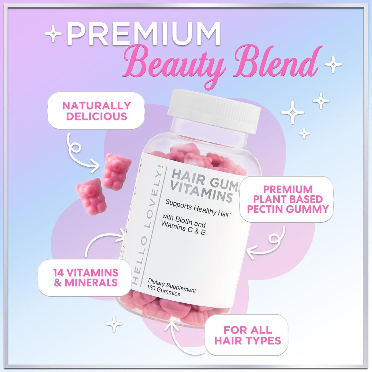 Hair Vitamin Gummies with Biotin – Vitamins E, C & Zinc for Normal Hair and Skin, Premium Vegetarian & Non-GMO – Natural Support for Healthy-Looking Hair, Skin & Nails – 120 Gummy Bears - görsel 5