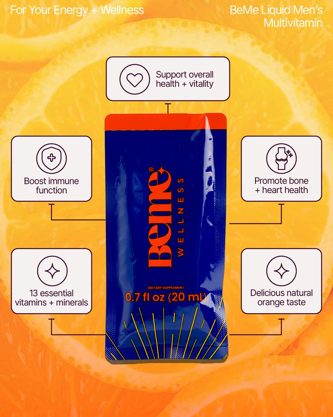 BeMe Liquid Multivitamins for Men - 13 Vitamins & Minerals, Liquid Delivery, Tear & Go Sachets, Orange Flavour (30 Sachets) - görsel 7