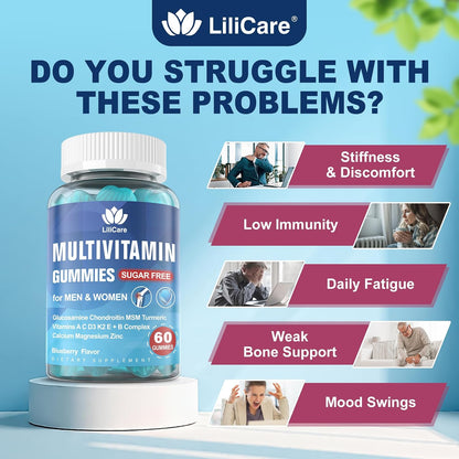 LILICARE Men's & Women's Sugar Free Methylated Multivitamin 50 Plus with Glucosamine Chondroitin MSM, Iron Free Gummies for Seniors with Multi Vitamin D3 K2 & A C E, B Complex - 60 Count (Pack of 1)