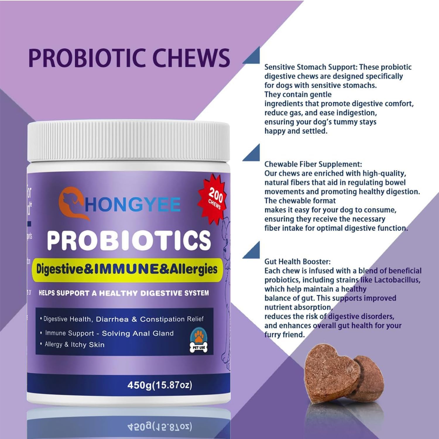 Probiotics for Dogs 200 Chews - Enzymes and Gut Support with Papaya, Pumpkin, and Krill Oil - Vet Approved - görsel 3