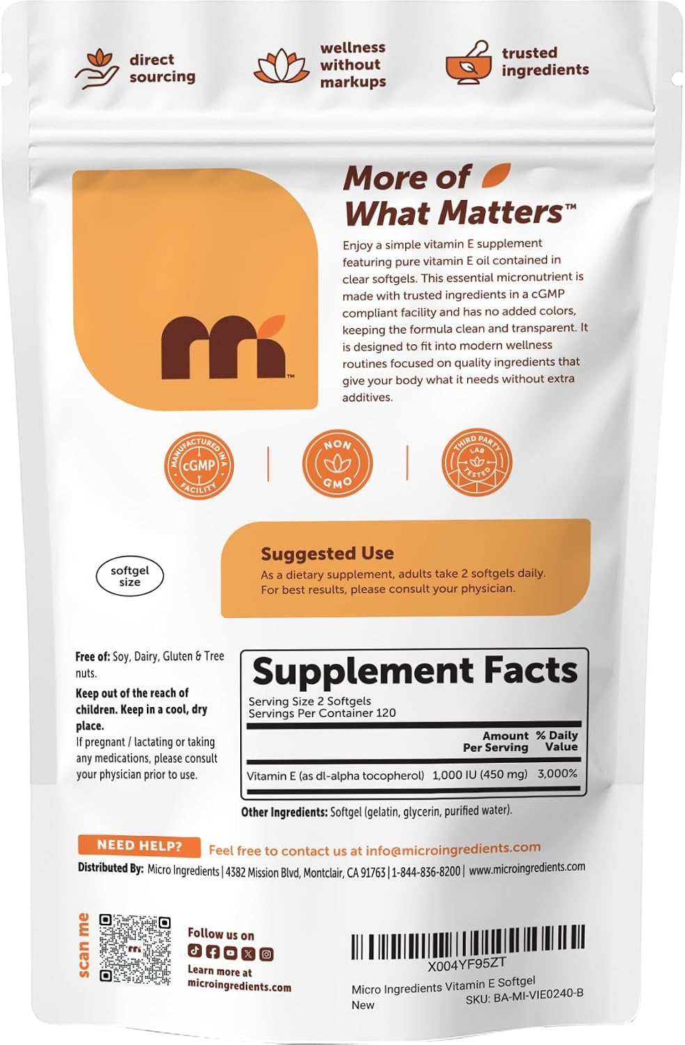Micro Ingredients Vitamin E 1000 IU (450 mg) Per Serving, 240 Softgels | Daily Vitamin E Supplement | 4-Month Supply | Non-GMO, Gluten-free - görsel 7