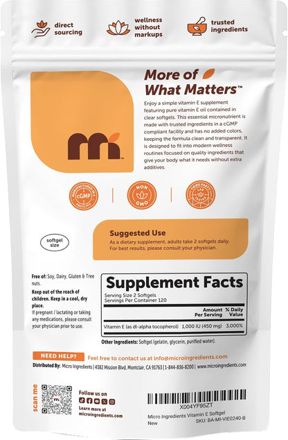 Micro Ingredients Vitamin E 1000 IU (450 mg) Per Serving, 240 Softgels | Daily Vitamin E Supplement | 4-Month Supply | Non-GMO, Gluten-free