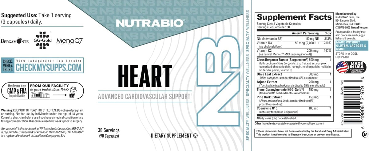 NutraBio Heart - Cardiovascular Supplement with Bergamonte, CoQ10, and Olive Leaf Extract - 90 Capsules - görsel 7