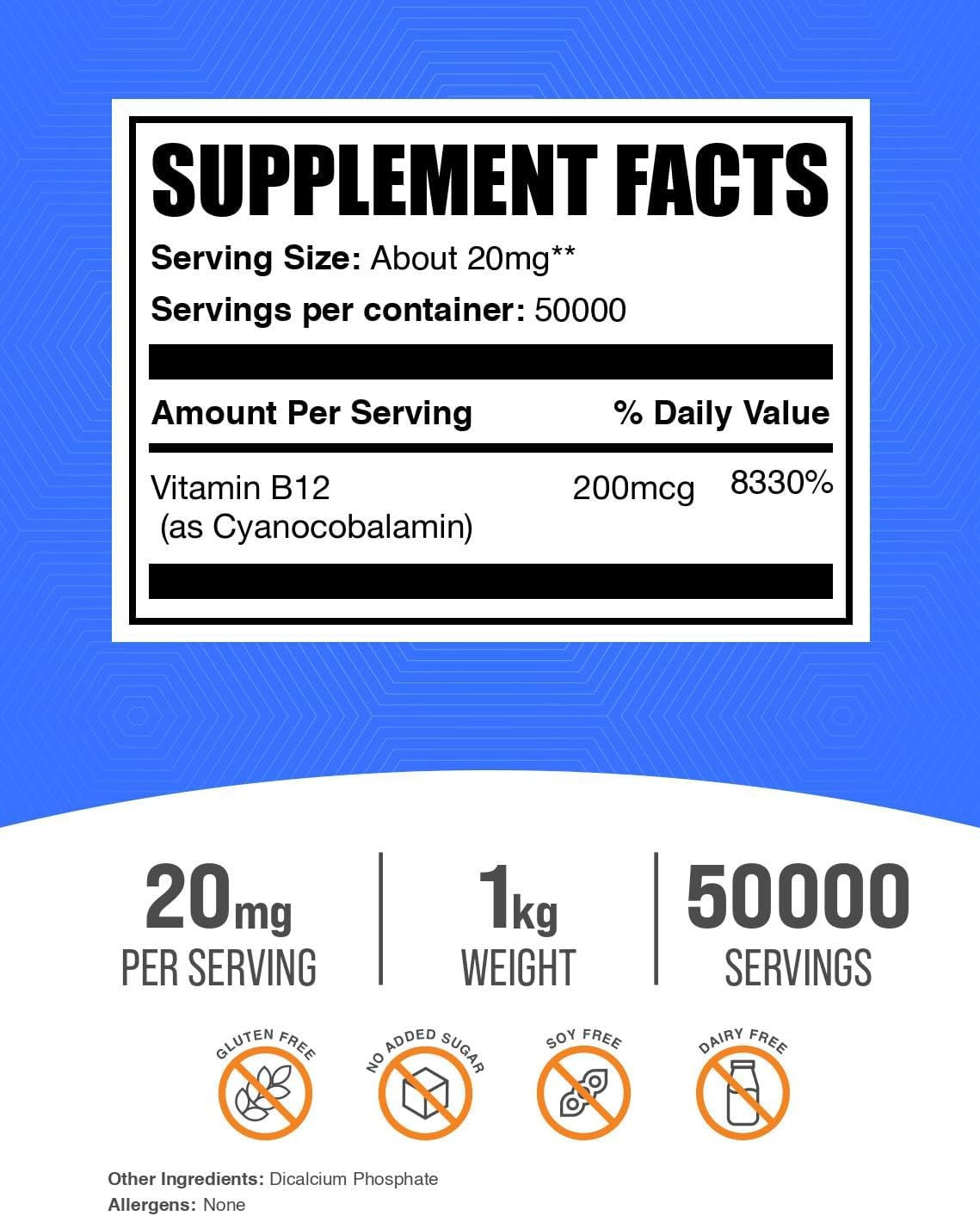BulkSupplements.com Vitamin B12 Powder (Cyanocobalamin) - 20 mg per Serving, 1 kg - görsel 2