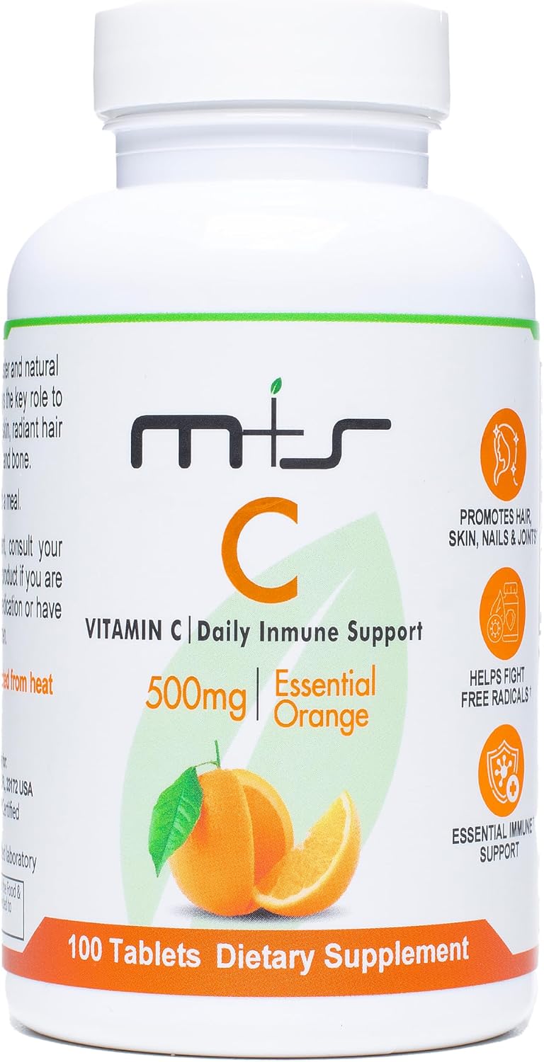 M+S Vitamin C 500mg Tablets – Immune Support, Skin Health, and Antioxidant Protection – Vegan, Non-GMO, Orange Flavour (100 Tablets) - görsel 1