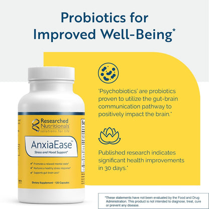 Researched Nutritionals AnxiaEase - Stress & Cortisol Support Food Supplement - Botanicals, Vitamin B6, Magnesium & Psychobiotic Probiotic Strains (120 Capsules)