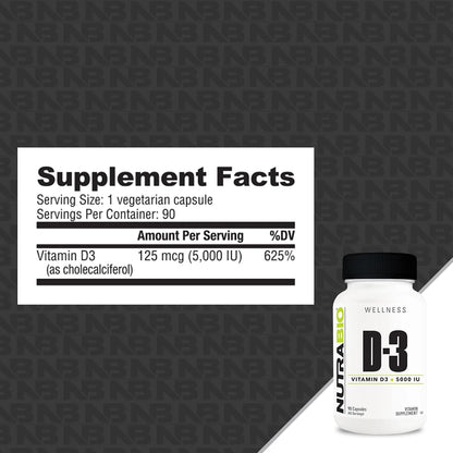 NutraBio Vitamin D3 5000 IU – Immune and Bone Health Support – 90 Vegetable Capsules