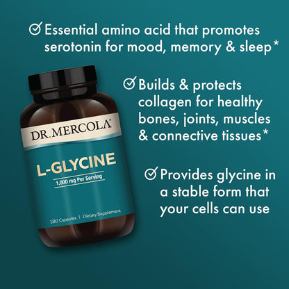 Dr. Mercola L-Glycine - Supports Glutathione & Collagen - Non-GM, Gluten-Free - 180 Capsules