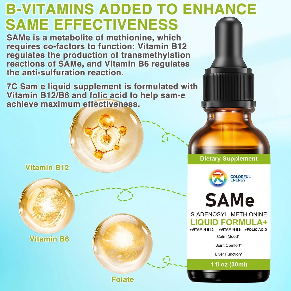 7c SAM-e Liquid Supplement - S-Adenosylmethionine with Vitamin B6 & B12, 1 fl oz (30 Servings) - görsel 4