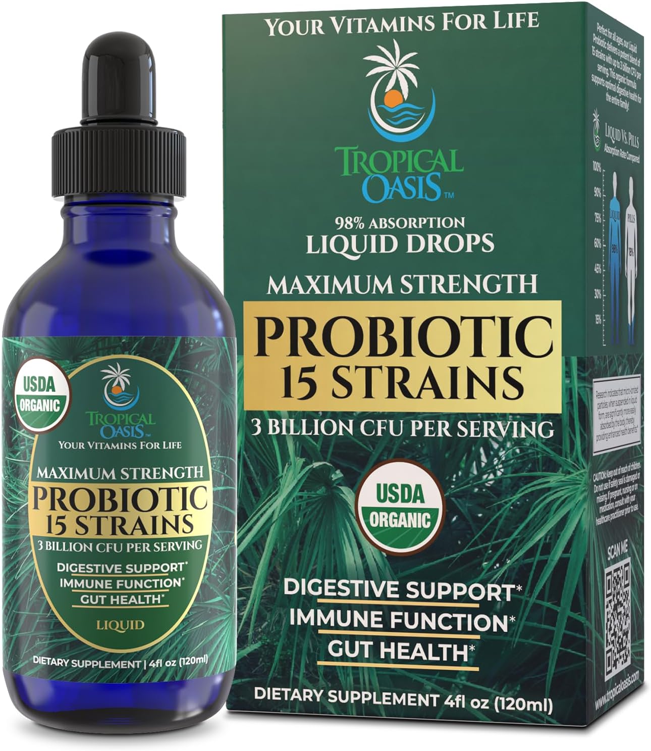 Tropical Oasis USDA Organic Liquid Probiotics – 15 Strains, 3 Billion CFU, 40 Servings - görsel 1