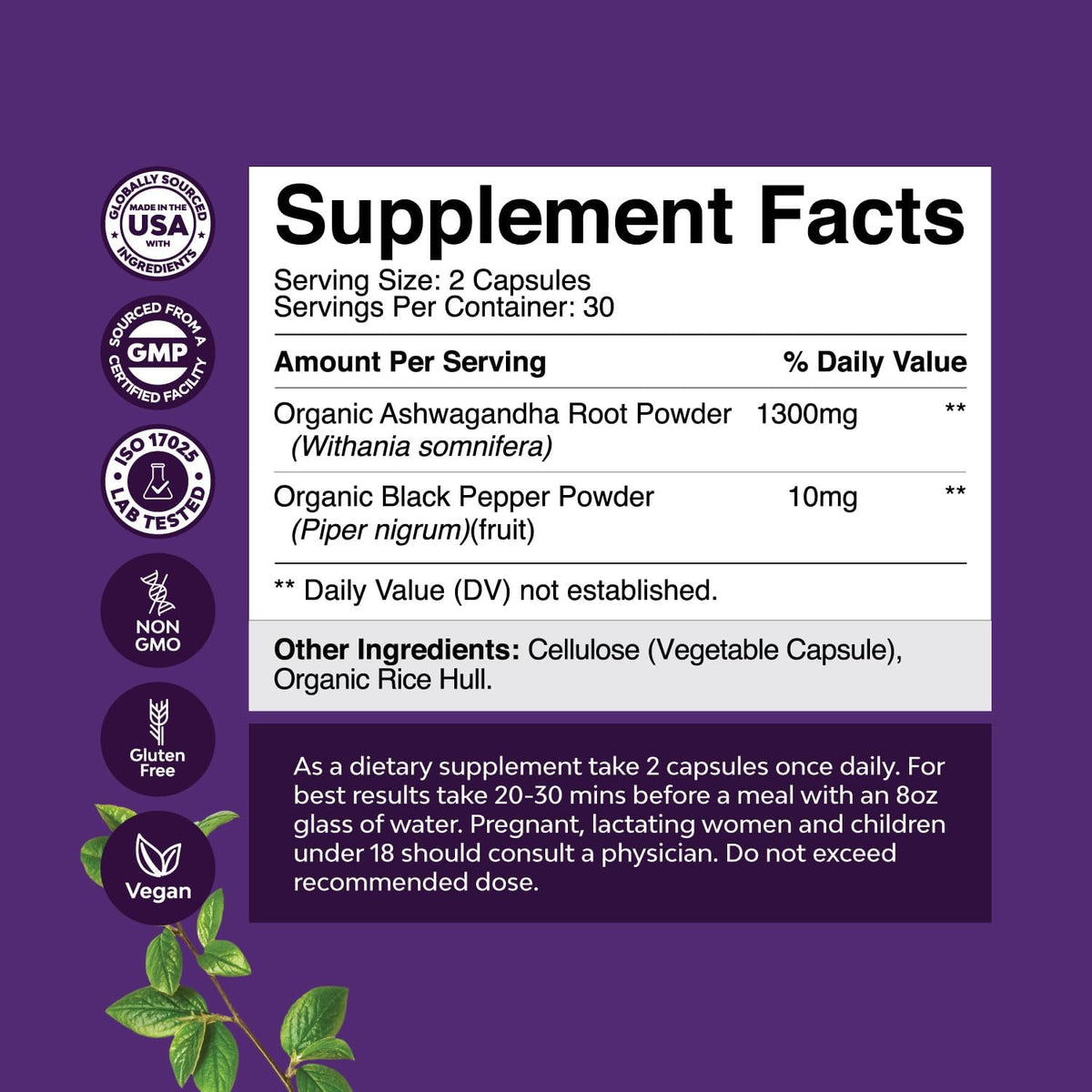 Ashwagandha Root Powder Capsules 1300 mg – Premium Relaxation & Sleep Supplement – Calming Energy for Women and Men – 60 Count - görsel 3