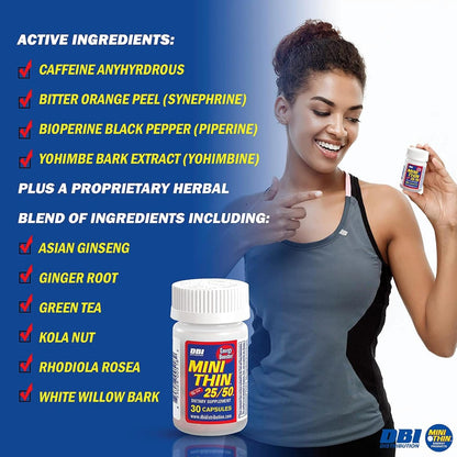 Mini Thin 25/50 Energy Capsules Formulated with Caffeine, 30 Capsules