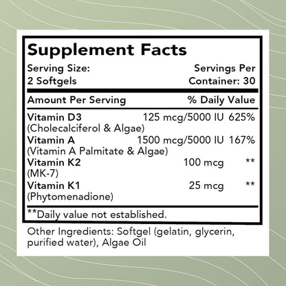 Optimal Health Systems Essential DAK1K2 | Vitamin D3 + A + K1 + K2 Immune Support, Bone Health, & Heart Health | Vitamin D with MK-7 | 5000 IU | (Non-GMO, Whole Food, Gluten-Free) 60 Soft gel capsule Capsules
