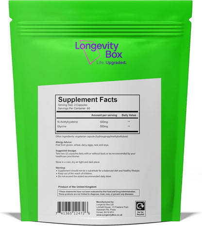 Ultra Pure GlyNAC Supplement 1000mg (500mg Glycine + 500mg N-Acetyl Cysteine) - Glutathione Precursor for Healthy Ageing, Energy & Cellular Protection - 120 Vegan Capsules