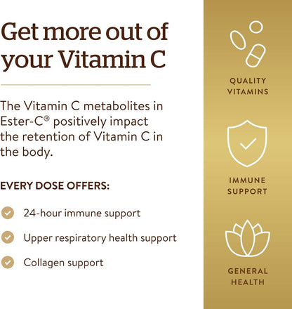 Solgar Ester-C Plus 1000 mg Vitamin C with Citrus Bioflavonoids - 100 Capsules - Gentle & Non-Acidic - Sustained Immune System Support