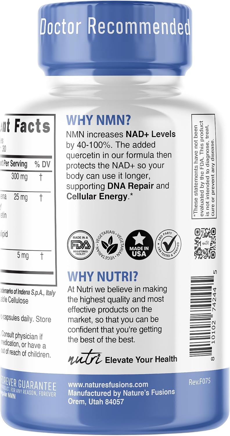 Nutri NMN Supplement 300mg - NAD+ Booster with Quercetin & Black Pepper - 120 Capsules (2-Pack) - görsel 5
