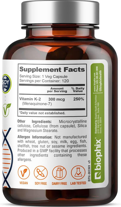 biophix Vitamin K2 MK-7 300mcg, 120 Vegan Capsules – High-Strength Supplement for Bone Strength and Immune Health