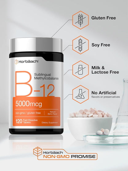 Horbäach Vitamin B12 5000 mcg Sublingual Tablets - Methylcobalamin - Natural Berry Flavour - 120 Count
