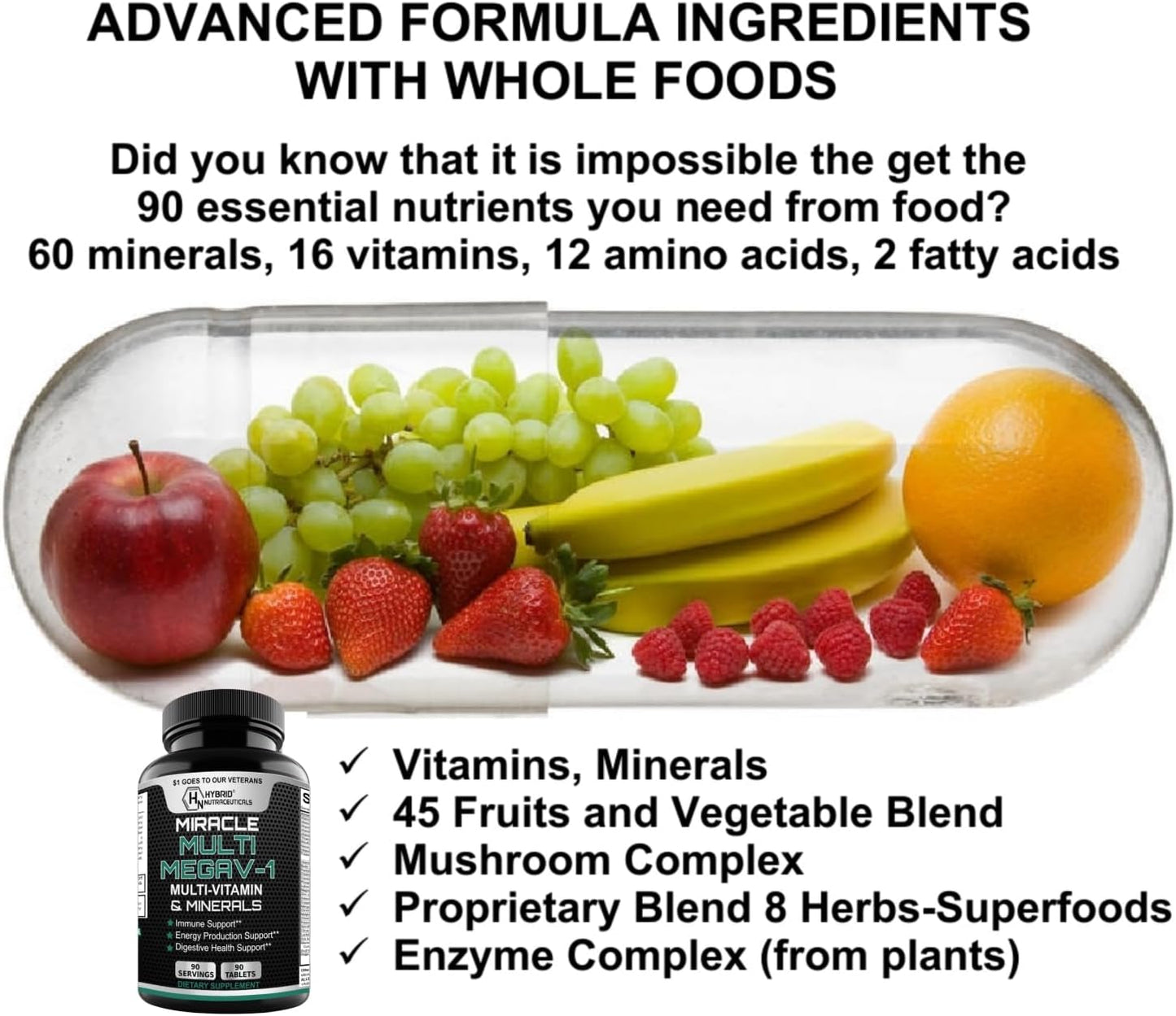 MEGAV-1 Multivitamin, Superfood & Minerals – Daily Multivitamin with Probiotics, Digestive Enzymes, and Mushroom Complex - görsel 8