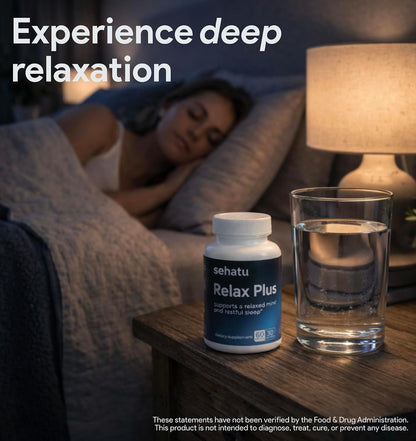 SEHATU Relax Plus Stress Relief Supplement | with GABA, L-Theanine, Ashwagandha, Valerian Root | Promotes Relaxation & Restful Sleep | 60 Capsules