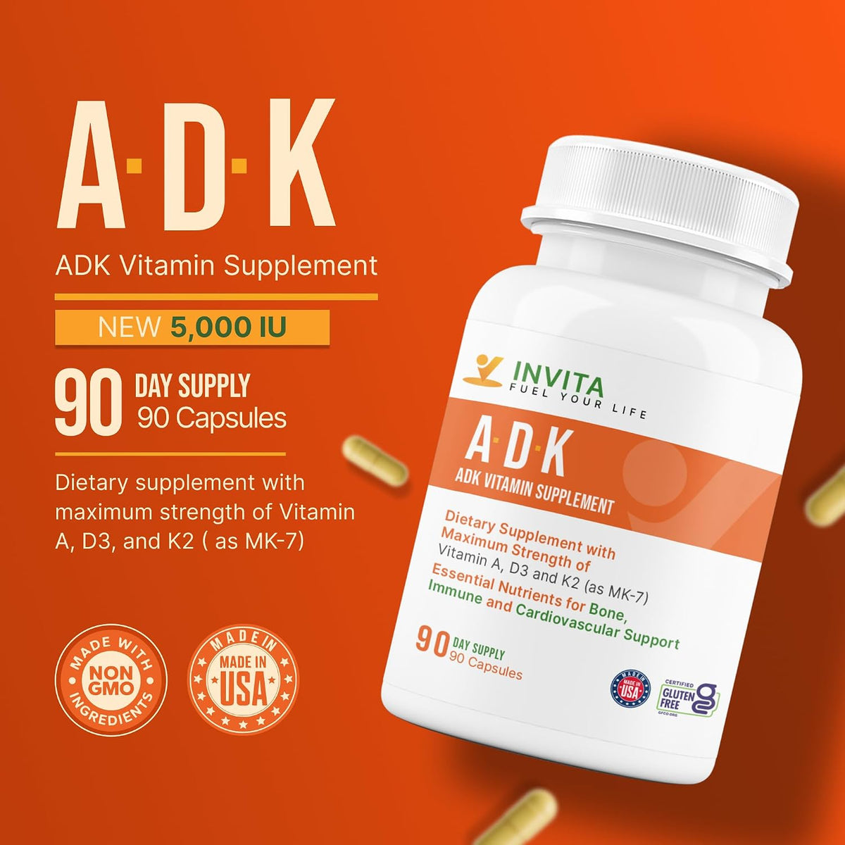 INVITA ADK Vitamin Supplement – 90 Capsules – Vitamin A, D3 5000 IU & K2-MK7 - görsel 3