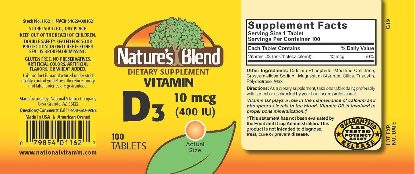 Nature's Blend Vitamin D 400 IU (10 μg) Food Supplement - 100 Tablets - görsel 2