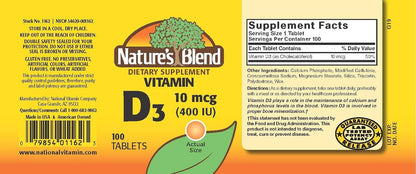 Nature's Blend Vitamin D 400 IU (10 μg) Food Supplement - 100 Tablets