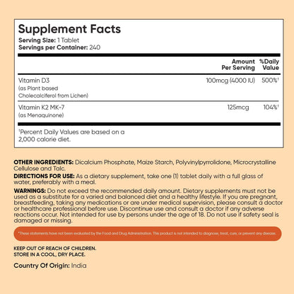 WeightWorld Vitamin D3 4000 IU + K2 (MK-7) 125mcg - 240 Tablets