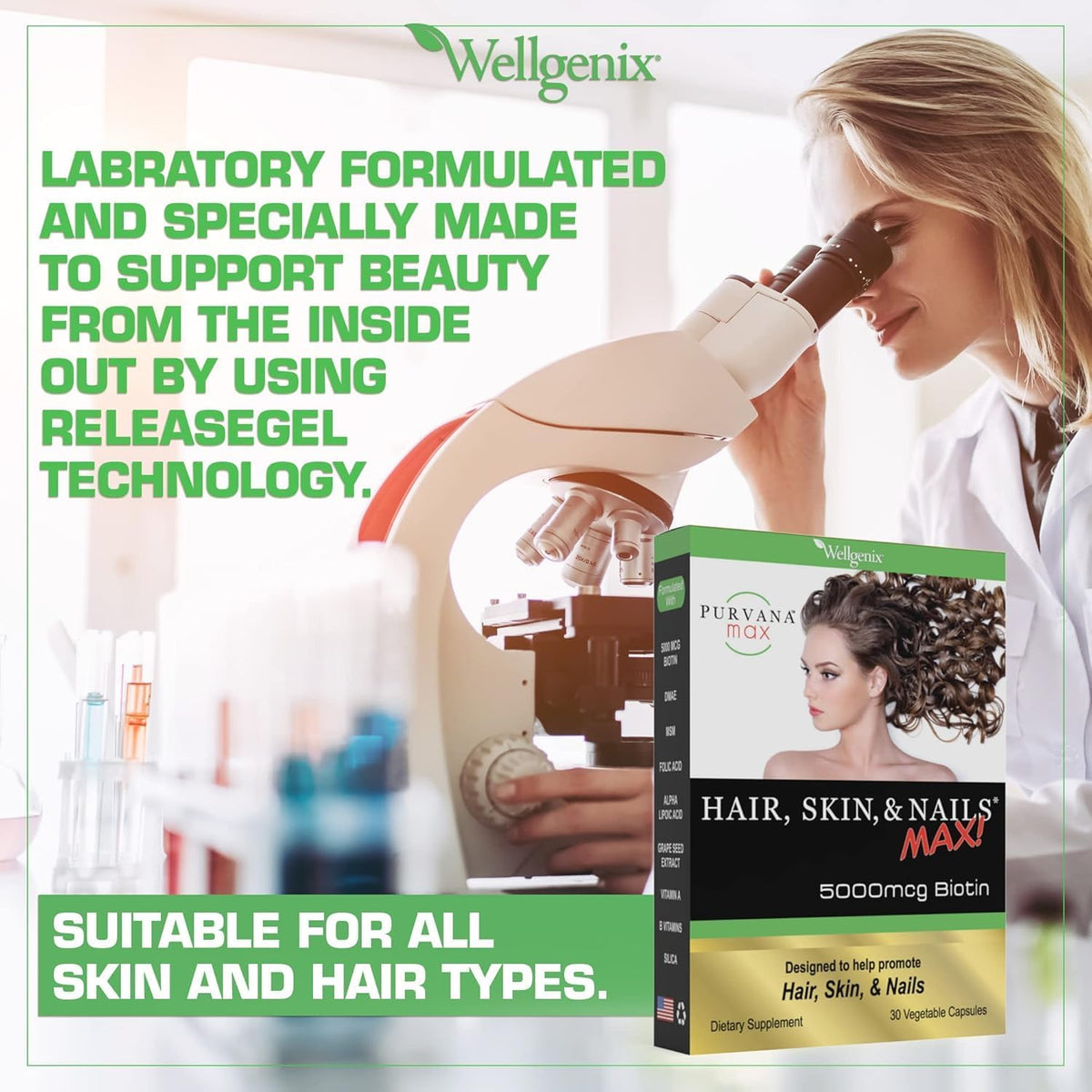Wellgenix Purvana MAX Hair, Skin and Nails Supplement – 5000mcg Biotin with MSM & B-Complex – 30 Veggie Capsules - görsel 7