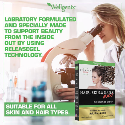 Wellgenix Purvana MAX Hair, Skin and Nails Supplement – 5000mcg Biotin with MSM & B-Complex – 30 Veggie Capsules