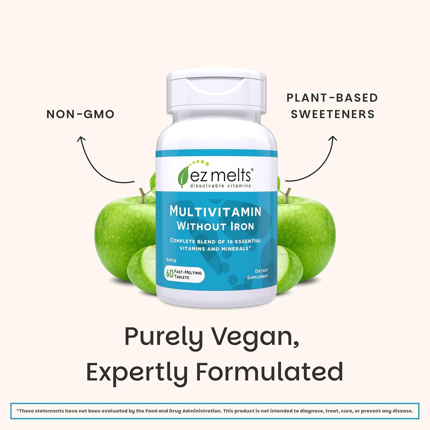 EZ Melts Multivitamin Without Iron - Dissolvable Tablets with 18 Vitamins & Minerals - Methylated B12 & Folate - Non-GMO, Vegan - Apple Flavour (60 Count) - görsel 6