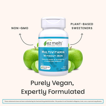 EZ Melts Multivitamin Without Iron - Dissolvable Tablets with 18 Vitamins & Minerals - Methylated B12 & Folate - Non-GMO, Vegan - Apple Flavour (60 Count)