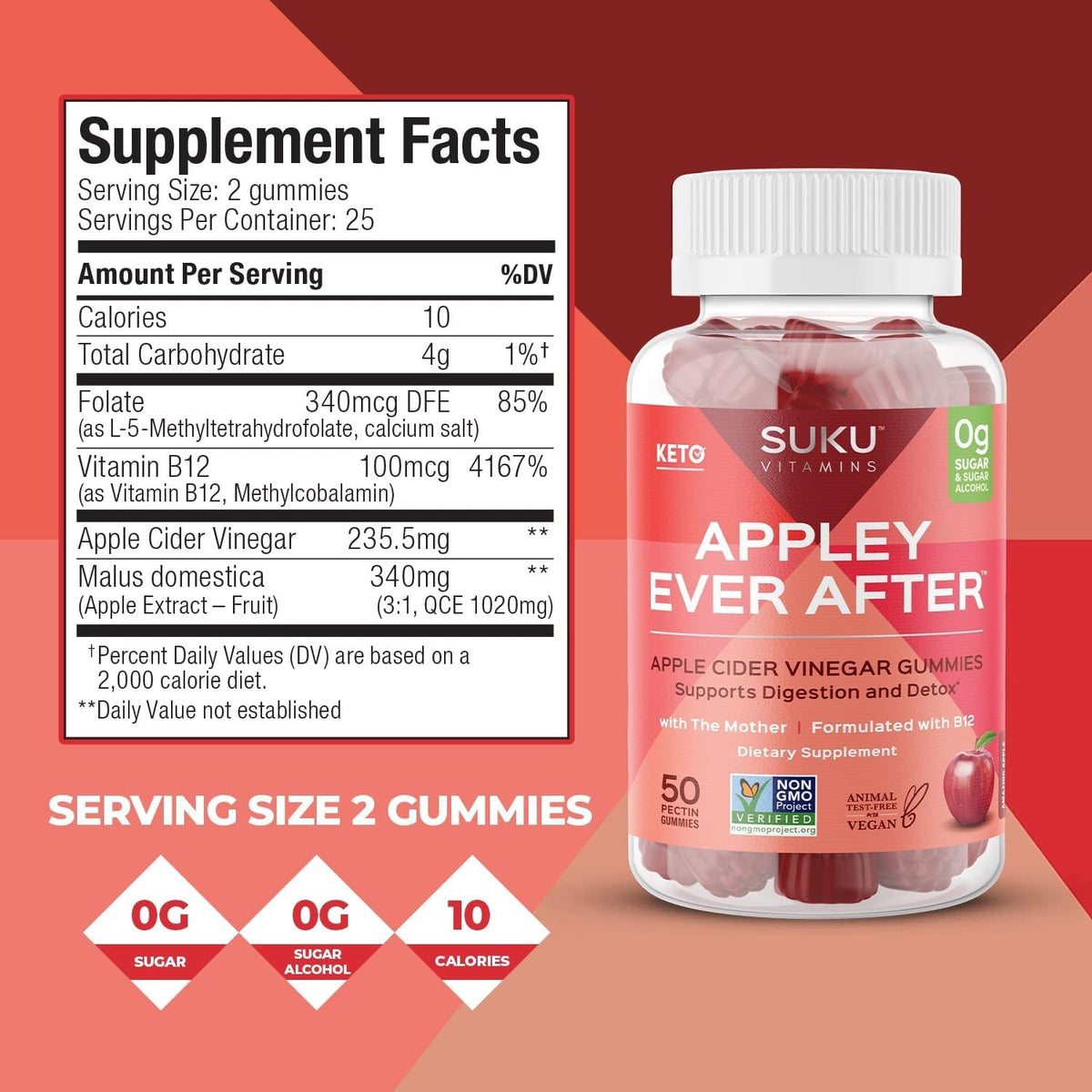 SUKU Appley Ever After Gummies – Apple Cider Vinegar with Methylated B12 & Folate – Sugar-Free, Vegan, Gluten-Free – 50 Gummies - görsel 4