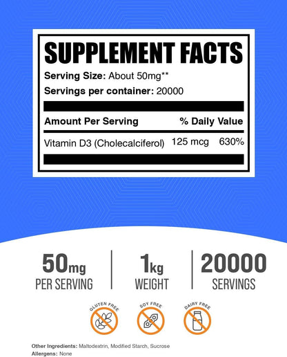 BulkSupplements.com Vitamin D3 Powder - 5000 IU per Serving, 1 kg