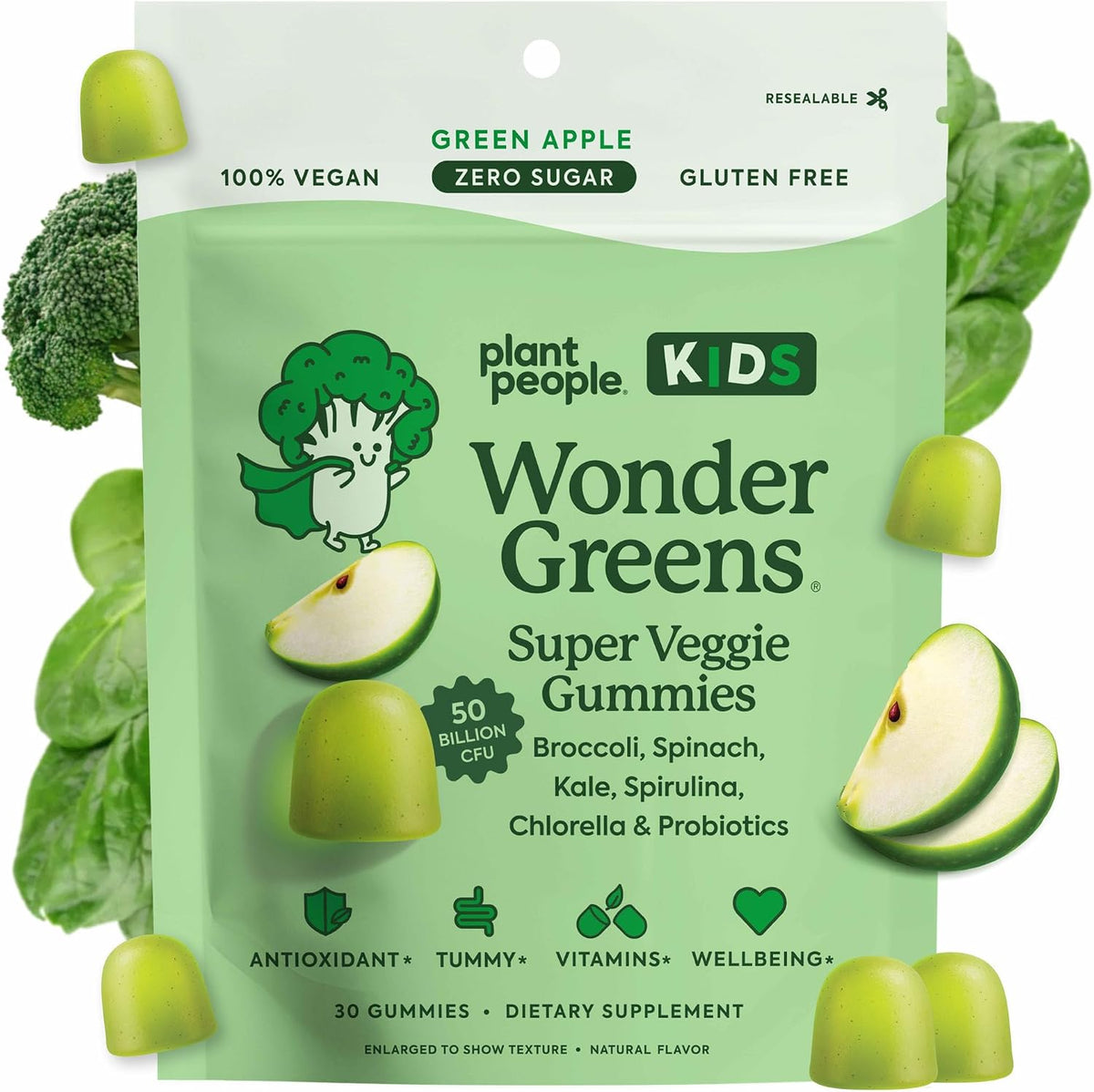 WonderGreens Kids Super Veggie Gummies - Sugar-Free Greens Gummies with Probiotics - Green Apple Flavour - 30 Count - görsel 1